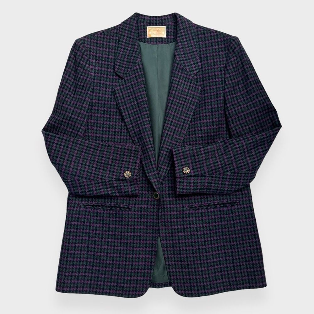 Vintage 80s Pendleton Skirt Suit 12 Houndstooth Blazer 2 Piece Set Purple Green - Picture 14 of 14